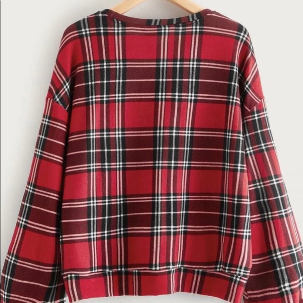 NEW Boutique! Lantern Sleeve Plaid Pullover - Picture 2 of 4